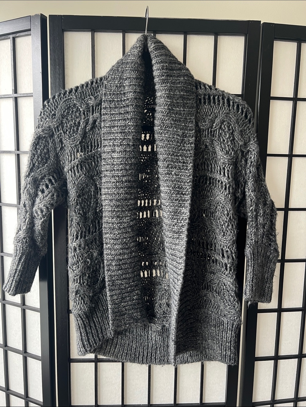 Express Charcoal Gray Open-Front Cable Knit Cardigan